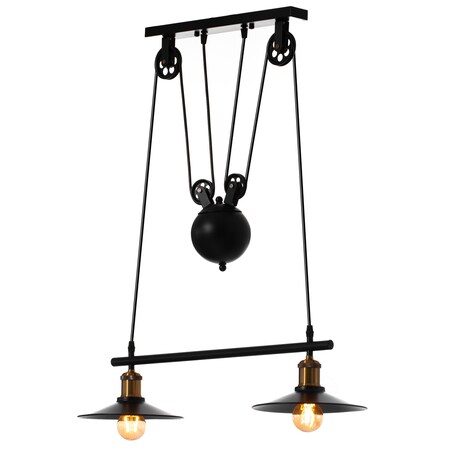 Quickway Imports Industrial Adjustable 2 Bulb Pulley Wired Ceiling Hanging Light Fixture, Black Decorative Chandelier for Modern or Industrial Style Restaurant, Bar, or Kitchen